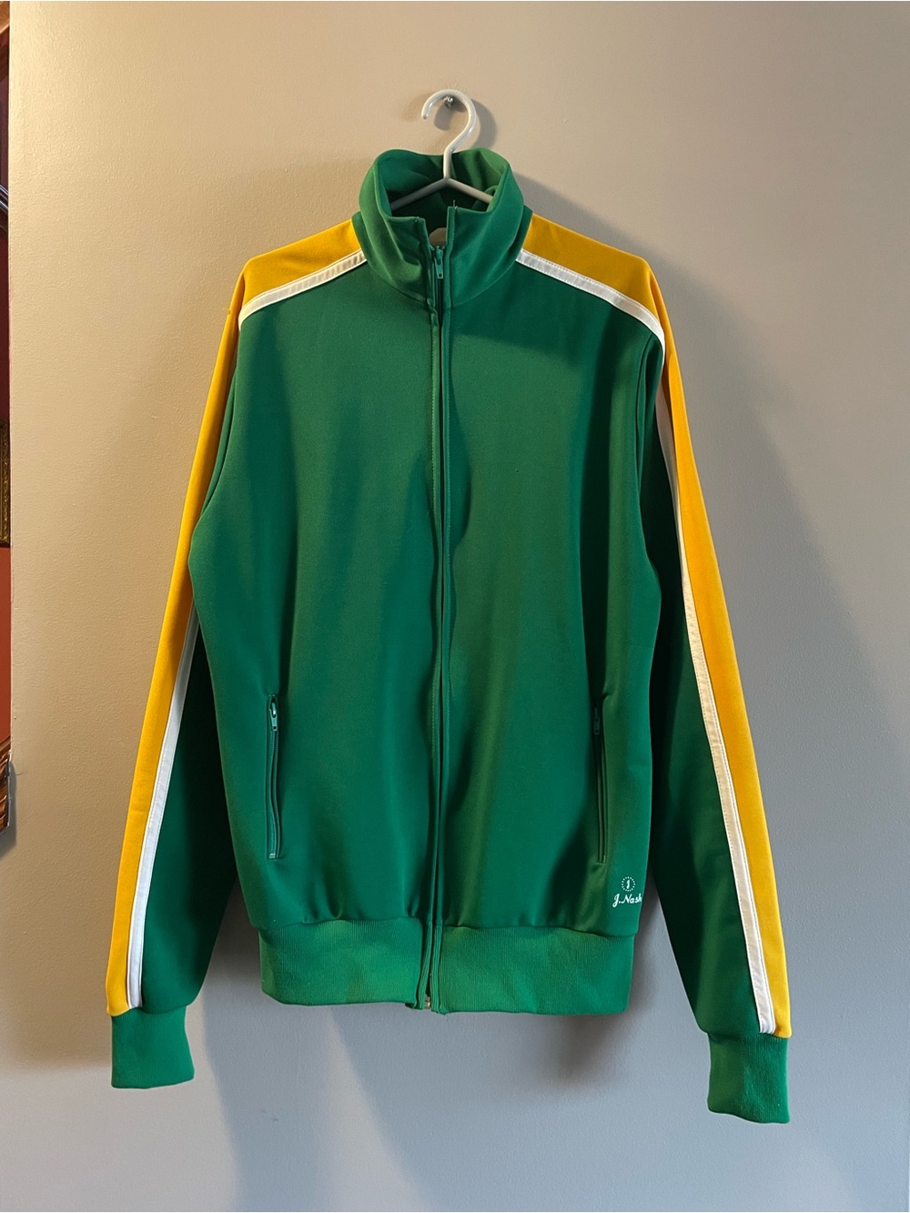 80s J NASH sports wearGreen Track Jacket with Yellow Stripe